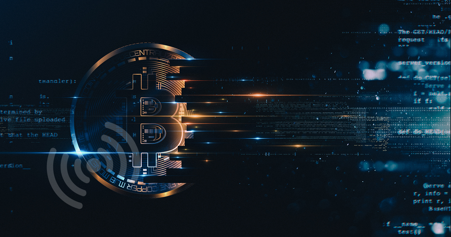Bitcoin with glowing lights. Gold bitcoin symbol. Coins on black background.