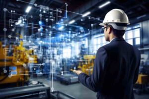 man connected to manufacturing plant