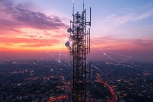 5G antenna system on a communication tower featuring network links and high-speed connections