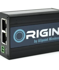 Front view of retail-grade router showing lan/wan ports, power supply ports and Origin by Allpoint Wireless logo.