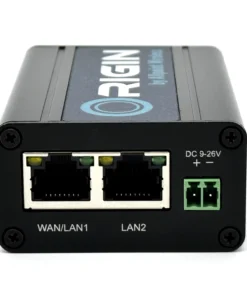 Side view of retail-grade router showing lan/wan ports, power supply ports and Origin by Allpoint Wireless logo.