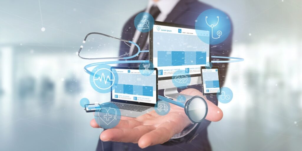 businessman holding devices with medical icon and stethoscope 3d rendering