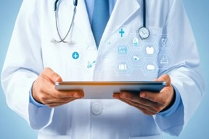 doctor wearing lab coat and stethoscope using digital tablet with medical icons and symbols emerging