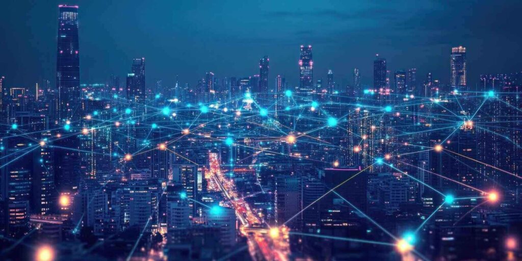 futuristic cityscape illuminated with interconnected digital network lines