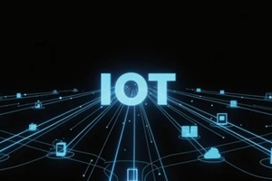 glowing IoT text with connected device icons and data lines, smart network