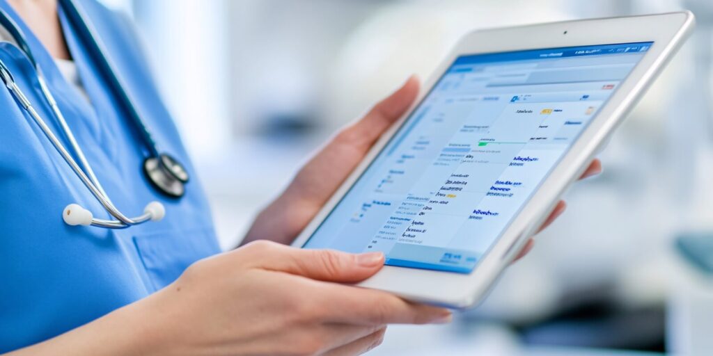 healthcare professional is using a tablet to access patient data in a clinical setting