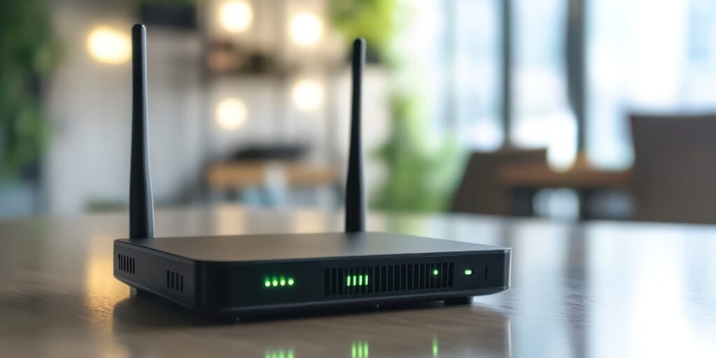 modern 5G Wi-Fi router on wooden table in home