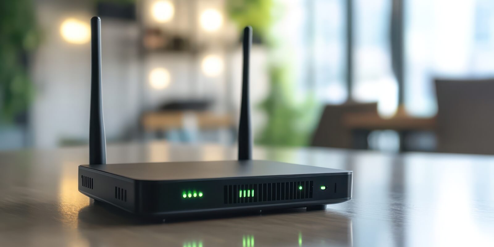 modern 5G Wi-Fi router on wooden table in home