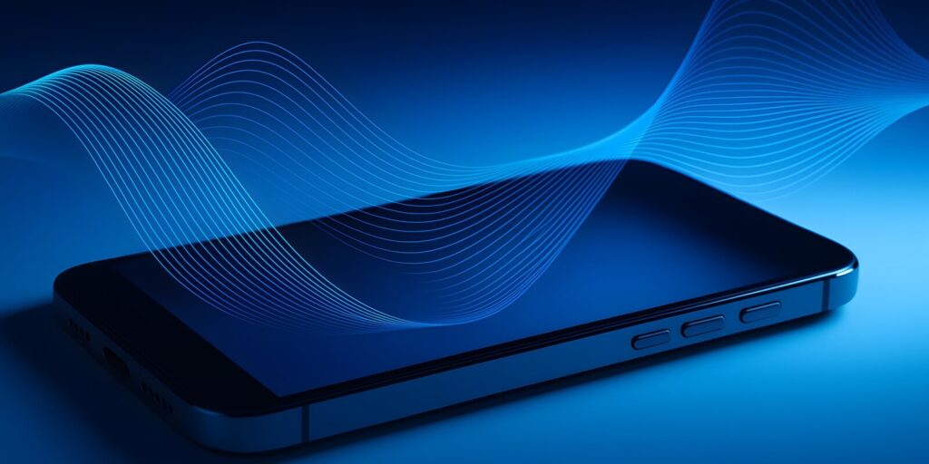 modern smartphone on glowing blue background with abstract wireless signal waves