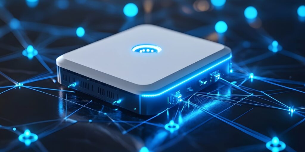 sleek, futuristic IoT gateway device sitting at the center of a network, connecting various devices, ensuring seamless communication and data flow