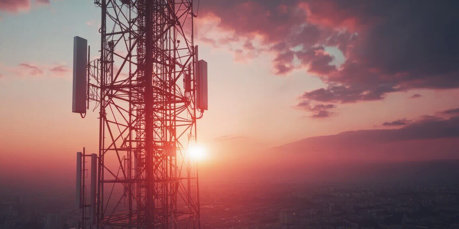 telecommunication tower with 5G cellular network antenna on city background