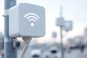 white square-shaped public communication distribution box, mounted on a pole