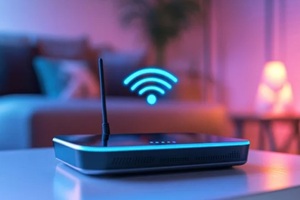 wifi router on living room table with holographic WiFi sign and with antenna in neon lighting