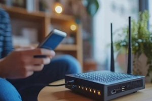 wireless router and person holding phone in living room