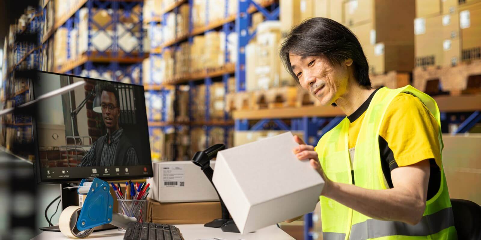 staff member using a barcode scanner to process shipping labels on boxes from industrial storage racks